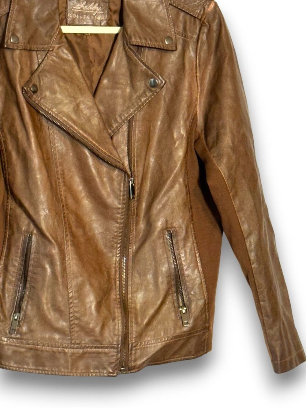 Selby Collection Women's Faux Leather Moto Jacket Brown Whiskey Size Large - Picture 3 of 14